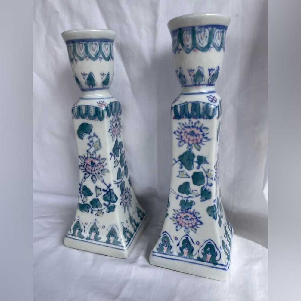 2 New/Vintage Blue White Porcelain Candleholders